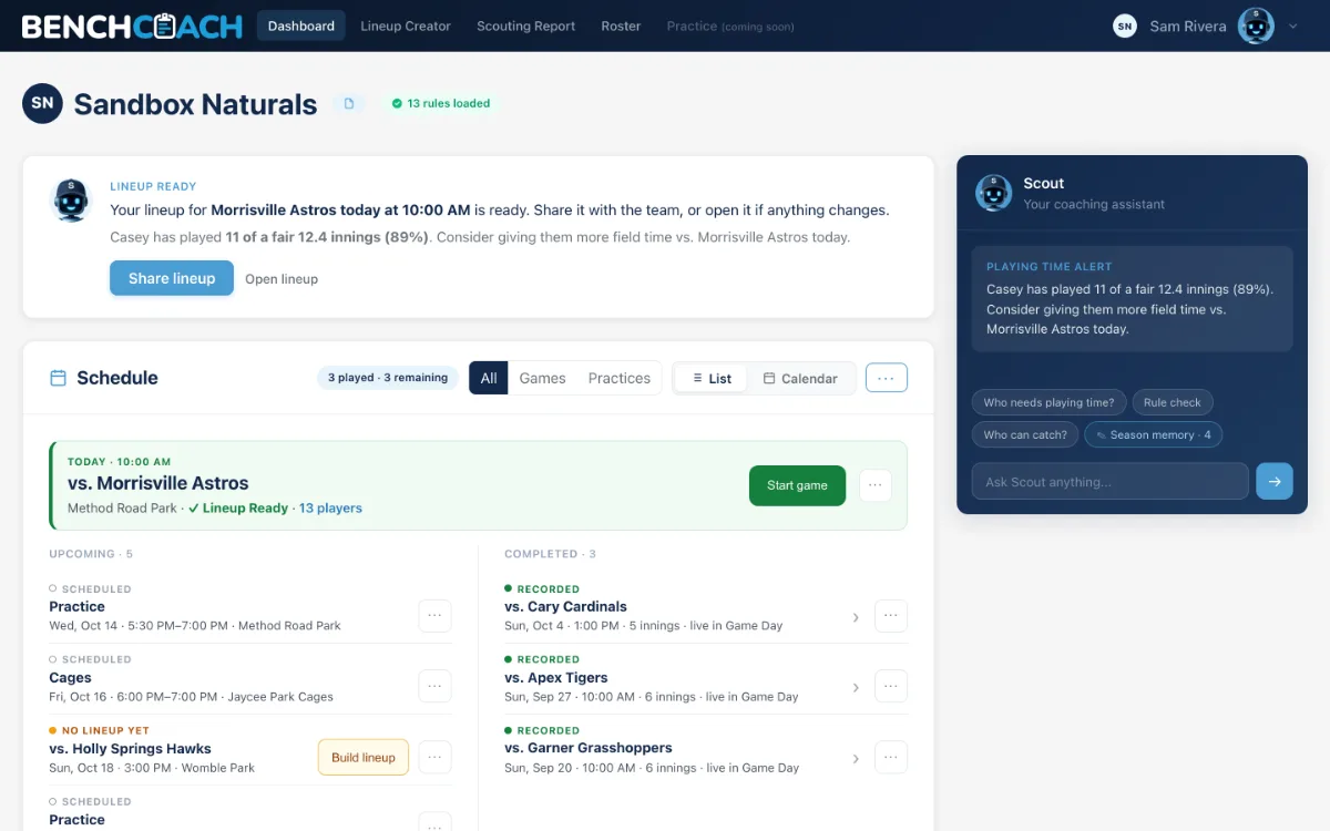 The Dashboard: today's game with its one button, Scout's heads-up, and the schedule