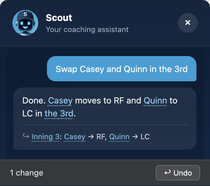 Scout in the Lineup Creator: a coach asks for a swap in plain English, Scout makes it and shows the change, with Undo