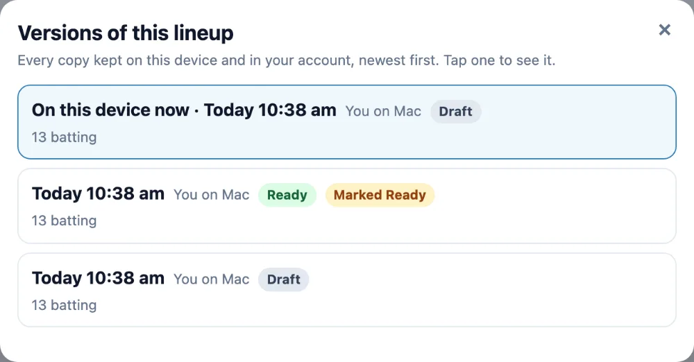 Versions of this lineup: the copy on this device now, the one marked Ready, and an earlier draft, each with when and on which device it was saved